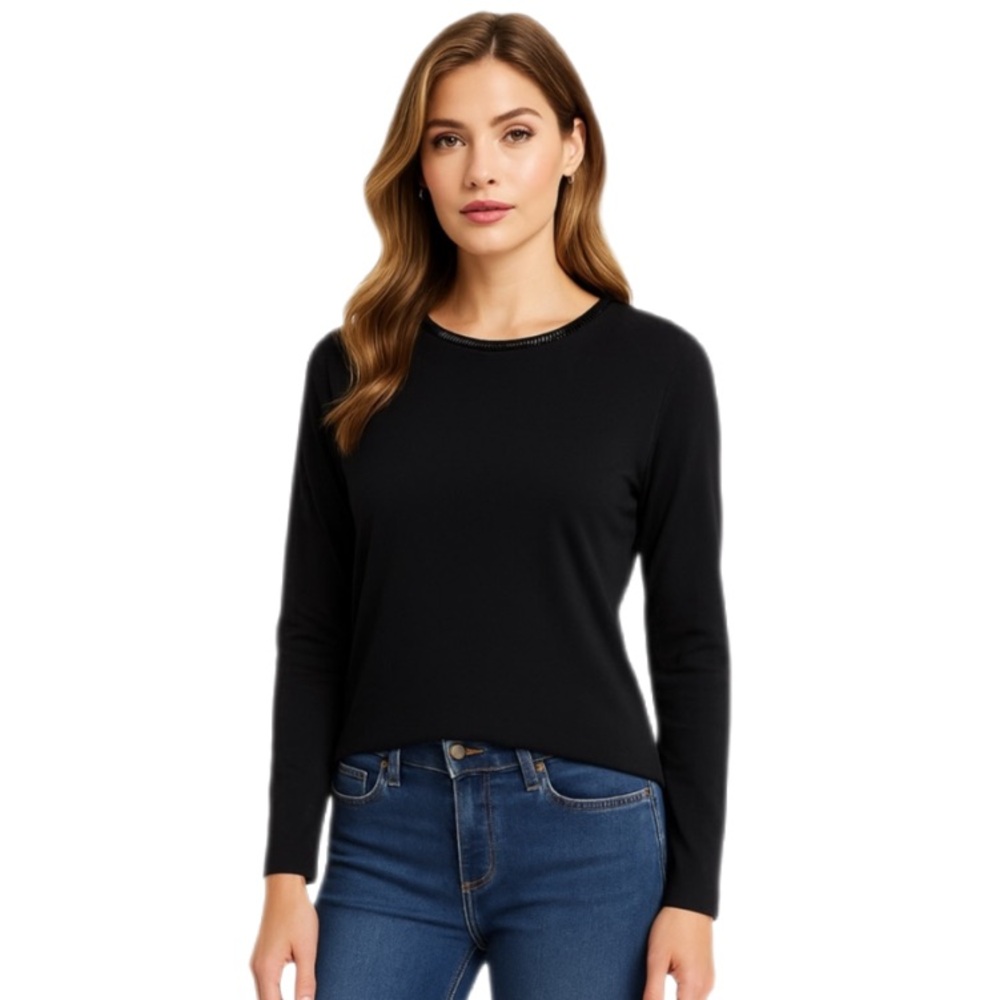 Talbots Black Beaded Neck Long Sleeve Top Medium